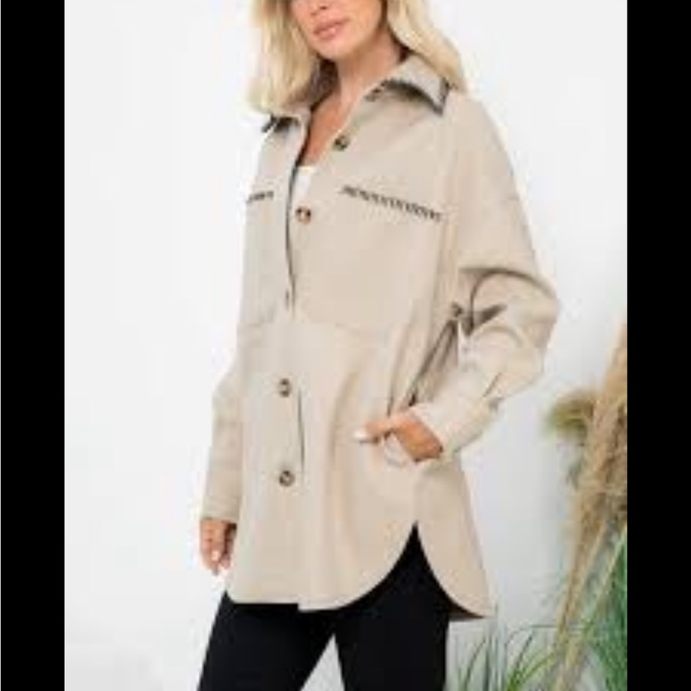Ashley 26 International Outerwear Oatmeal Contrast Stitch Overshirt Shacket Sz L